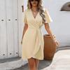 Women Slim Fit V-Neck Short Sleeve A Line Dress High Waist Solid Color Irregular One Step Spring Summer Dress S-XL