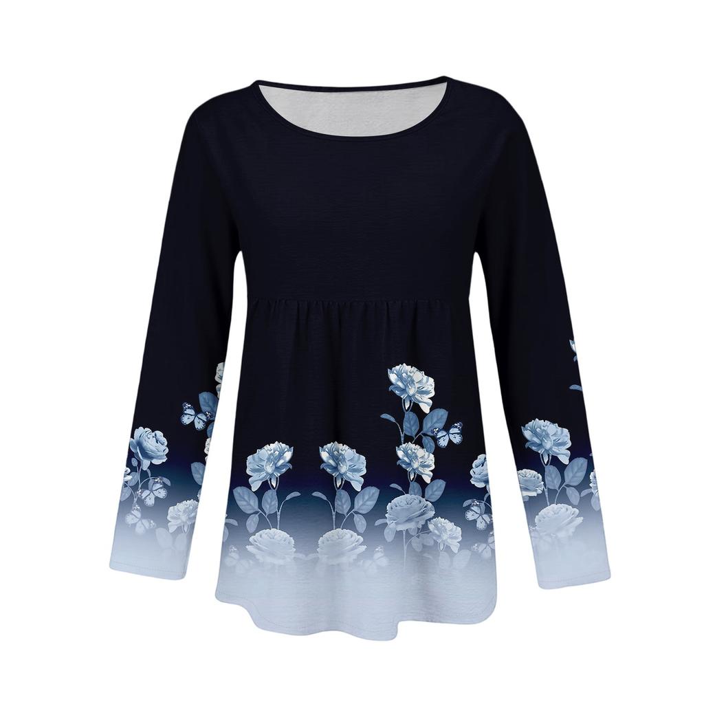 Women's Casual Fashion Loose Round Neck Floral Print Long Sleeve Top
