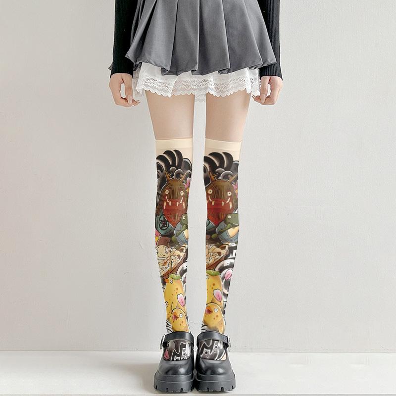 Модные носки с татуировкой на бедрах, чулки с принтом, девушки Лоли, японские сексуальные чулки, тонкие модели, разные размеры