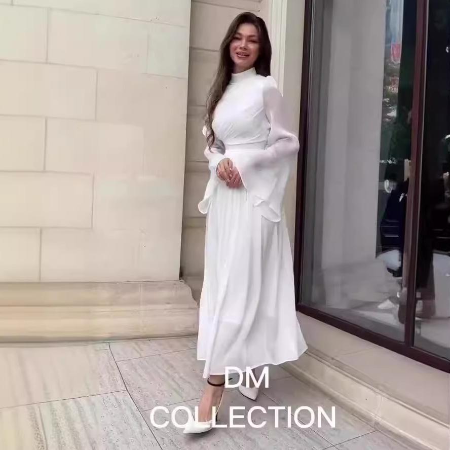 2024 Осень Однотонное Повседневное Платье Макси с Рукавами-Колокольчиками и Завышенной Талией