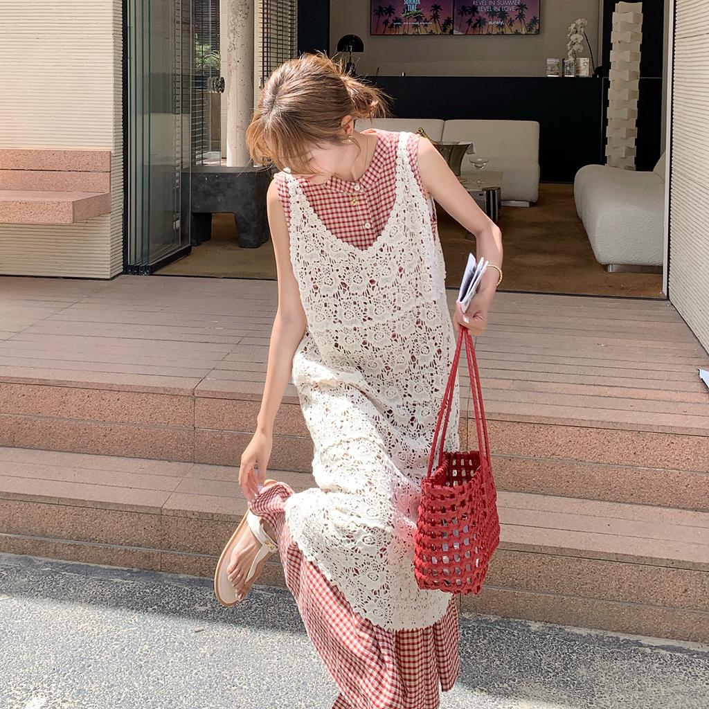 Dimanaf 2025 New Dress Women Knitting Lace Sleeveless Vest O-Neck Hollow Summer Style Loose Basic Dresses