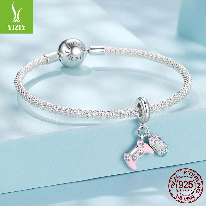 Pink Game Console Pendant Accessories, Charm Personality Sweet Cool Wind S925 Sterling Silver Diy Beads