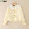 Women Lace Lapel Neck Long Sleeve Ruffled Pleating Casual Elegant Blouse