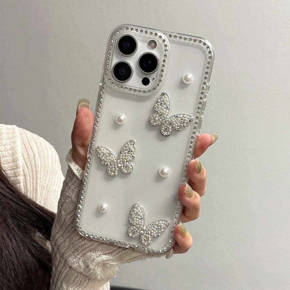 INS Korea Glitter 3D Pearl Butterfly Diamond Phone Case  For Samsung S25 S24 S23 Ultra Plus S22 S21 FE A16 A26 A36 A56 A06 A15