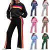 Fashionable Women's Round-Neck Loose Color-Striped Elastic Waist Sweatpants Set