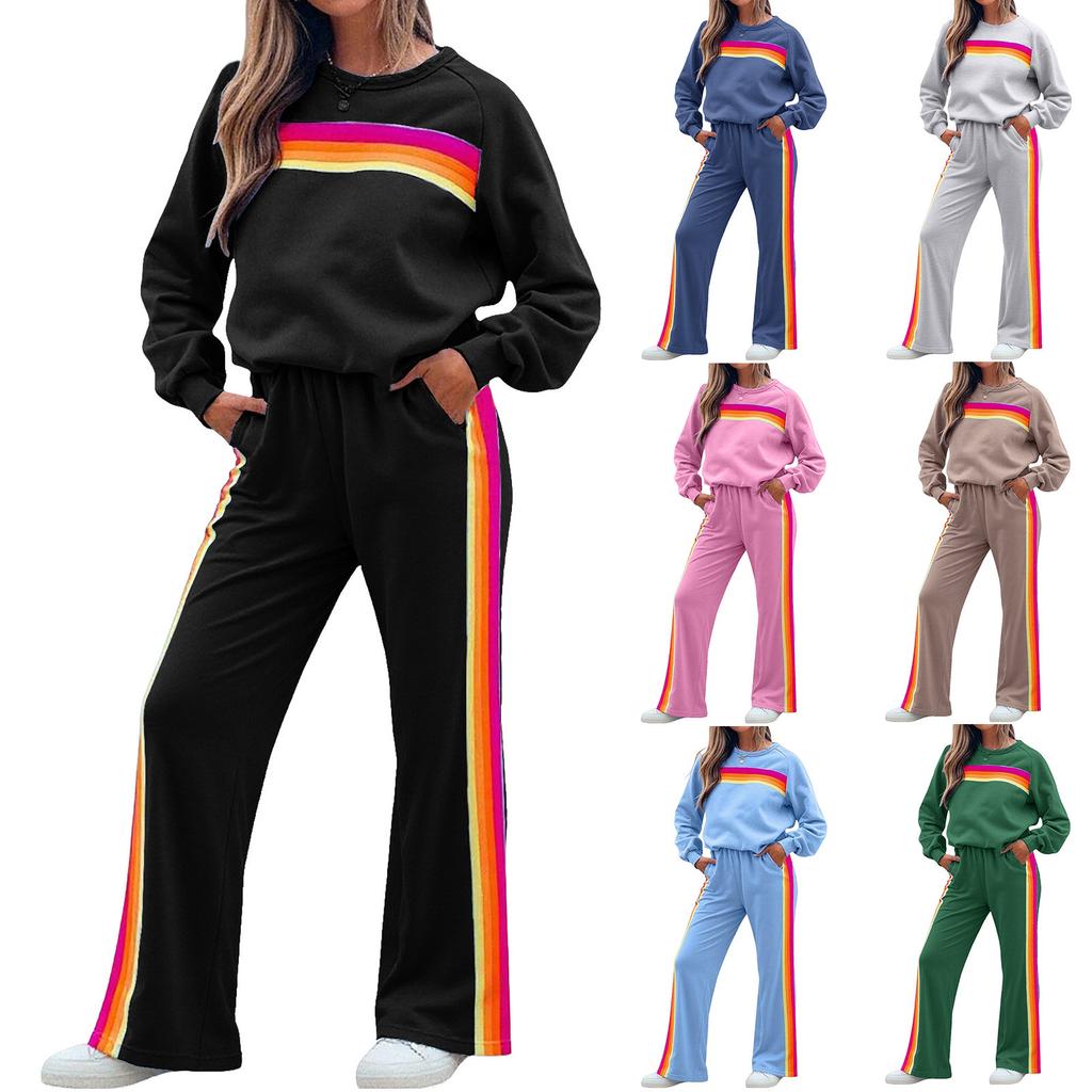 Модный женский комплект спортивных штанов с круглым вырезом, свободного кроя, в цветную полоску, с эластичной талией