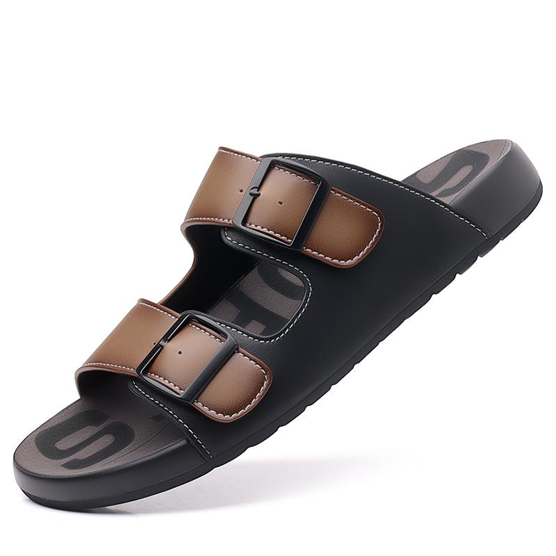 Fashion Summer Flat Slippers Non-Slip Men's Quick Dry Slippers Man Leather Sandals Beach Shoes Non-slip Open-toe Leather Half Drag