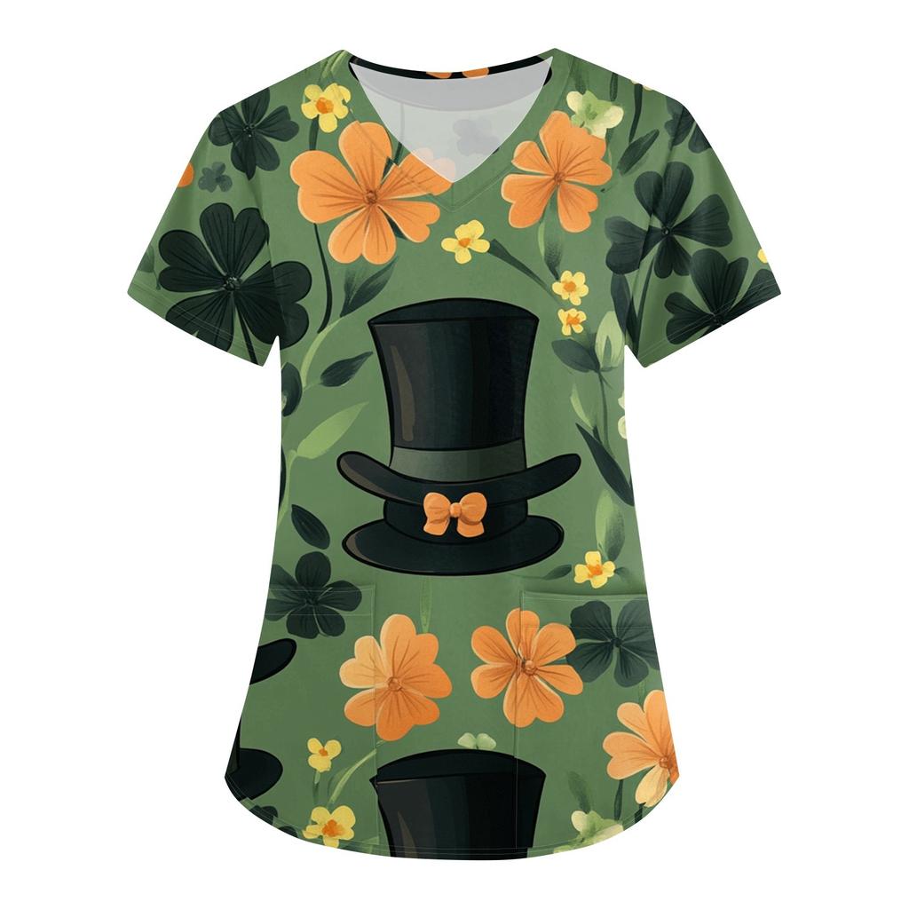 Женская модная рабочая одежда с V-образным вырезом, короткими рукавами и карманами. Верхняя одежда с принтом Патрика