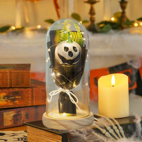 Halloween Light Up Pumpkin In Clear Cloche Handmade Glowing Pumpkin Light for Home Kitchen Mantel Tabletop Indoor Halloween Decoration
