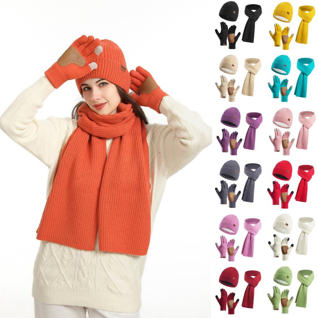 Couple Style Warm Wool Hat Knitted Plus Velvet Thickened Adult Hat Scarf Gloves Three-piece Set