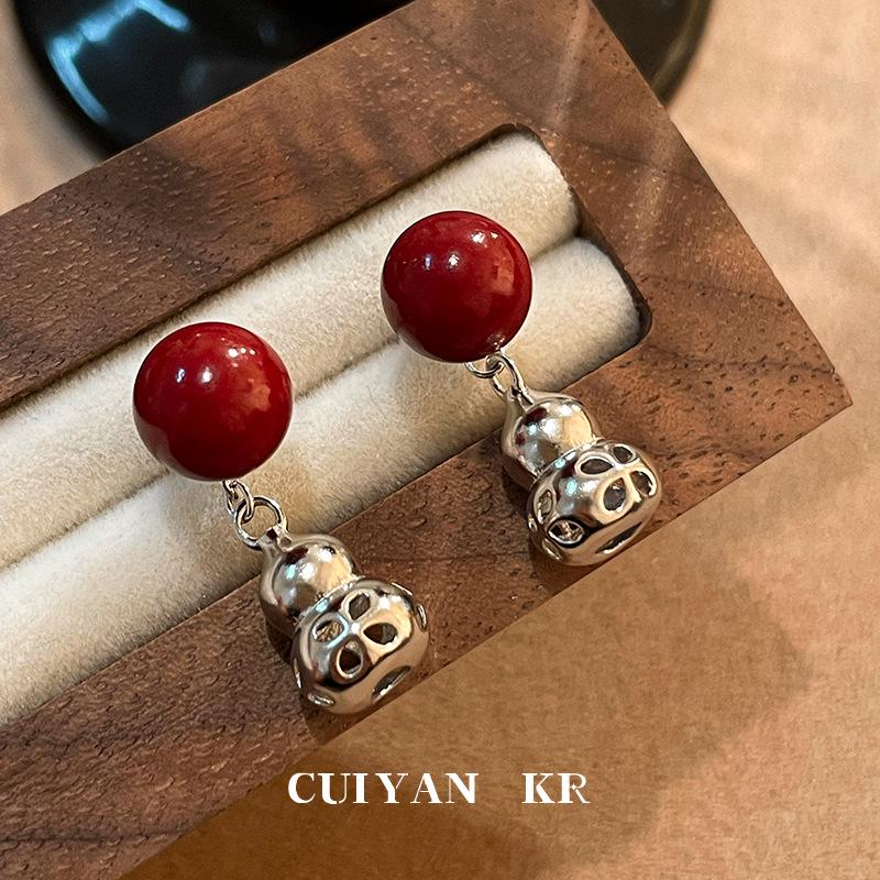 Серьги-гвоздики Cui Yan из стерлингового серебра S925 в китайском стиле с красным киноварью в форме тыквы для женщин - Новогоднее издание