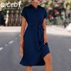 Spring Summer Solid Color Print Short Sleeve POLO Neck Slim Shirt Lace-up Dress