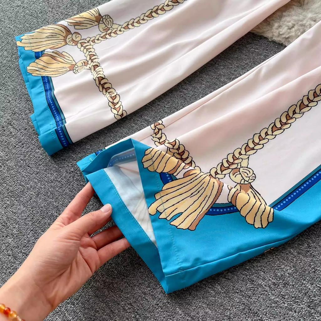 Spring Autumn Runway Designer Chain Flower Print Two Piece Set Women Long Sleeve Shirt Top And Elastic Waist Wide Leg Pant Suit