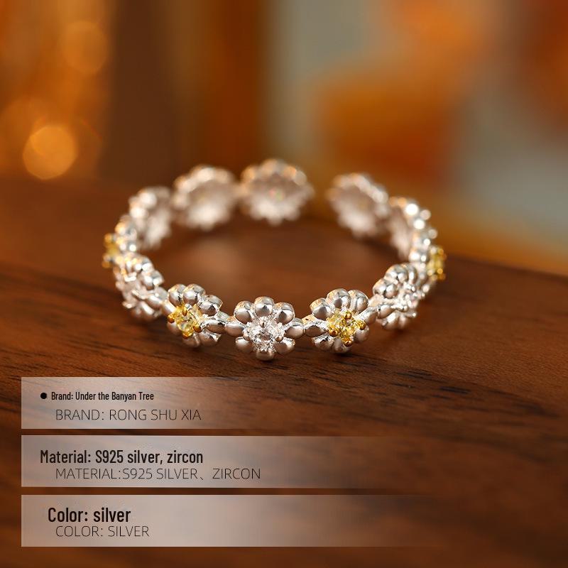 Кольцо Banyan Tree S925 Silver Zircon Flower Open Ring - Sweet Temperament Pastoral Design