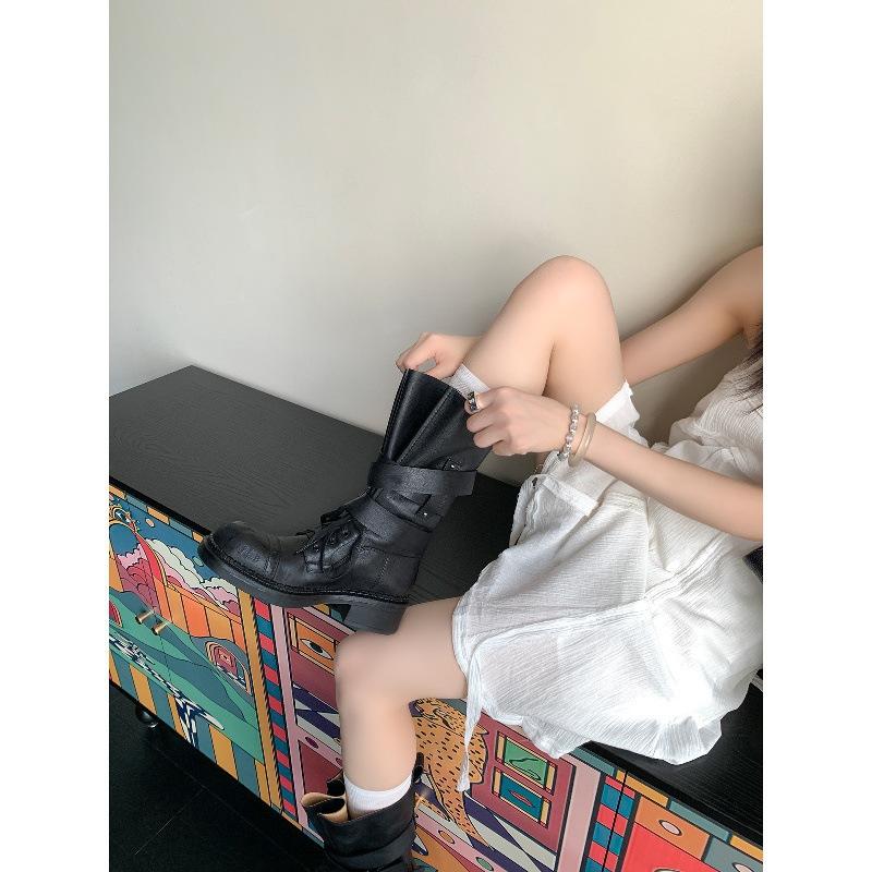 Версия из овчины~ ретро пряжка на ремне полусапоги рыцарские сапоги женские на шнуровке мотоциклетные ботинки Мартин толстая подошва западные ковбойские сапоги