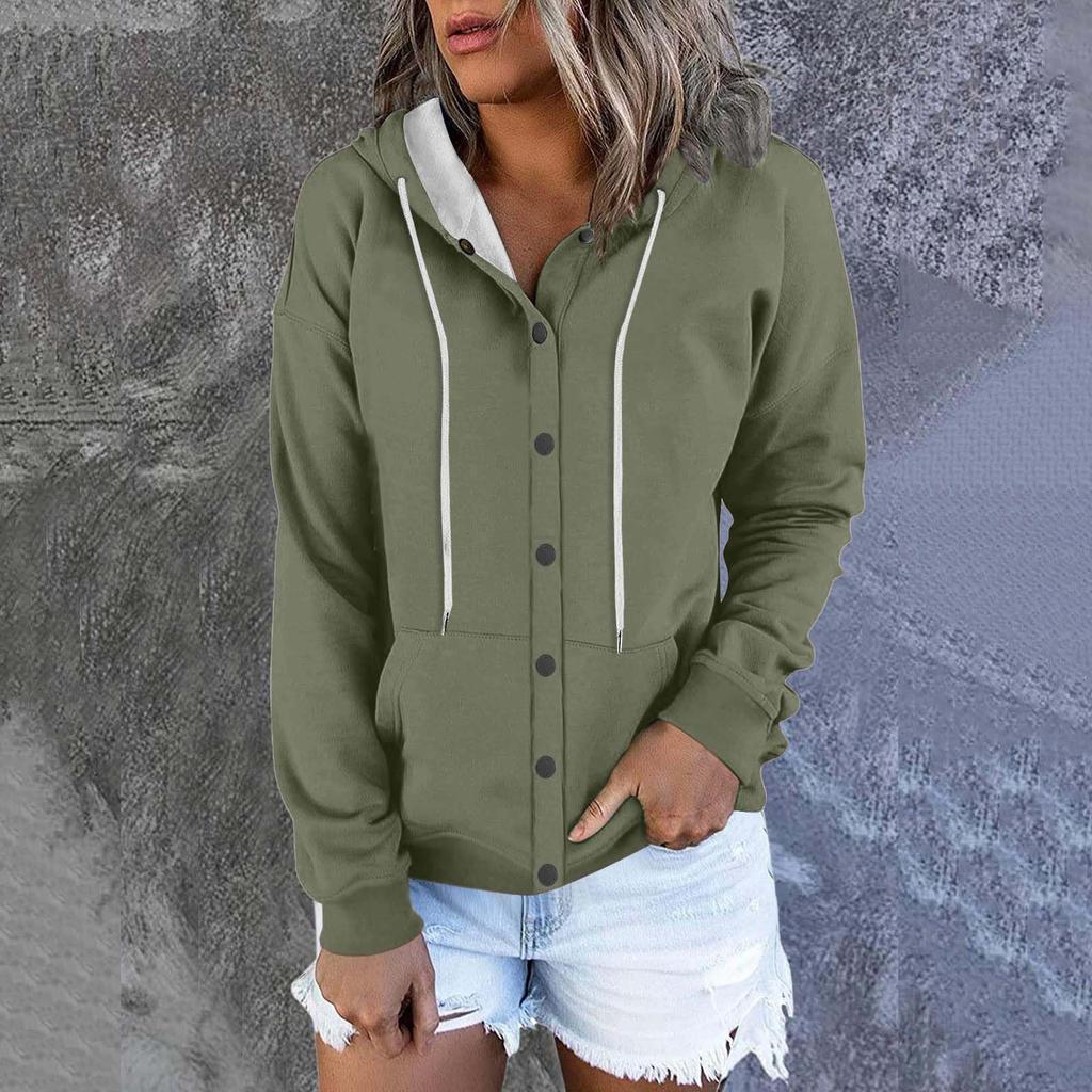 Women's Fashion Casual Solid Colour Button Hoodie Long Sleeve Sweatshirt Drawstring Jacket Coat