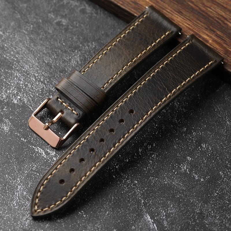For Handmade First Layer Cowhide Leather Watchband 18 19 20 22 24MM Glossy Oil Wax Leather Blue Brown Men Watch Bracelet Vintage