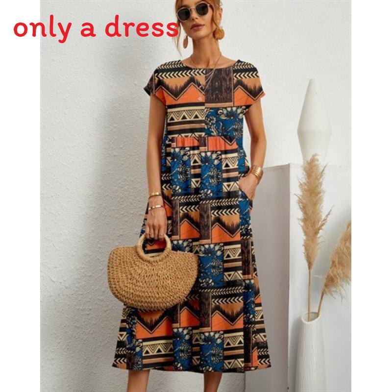 Cotton Linen Floral Print Summer Dress With Round Neck For Women