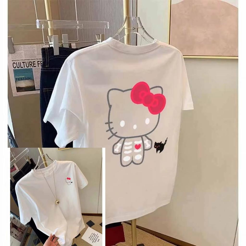 Summer Hello Kitty Oversized Tshirt High Quality Cotton Skeleton Print Unisex Retro Casual YK Tee for Adults Kids