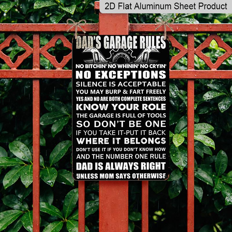 2D Flat 1pc Dad's Garage Rules Metal Sign 7.87x11.81inch - Aluminum Funny Garage Decor for Home, Workshop, Man Cave, Father's Day Gift - Durable