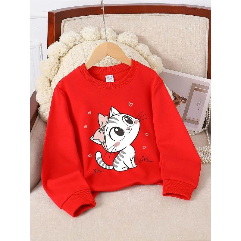 European sizes Crewneck Sweatshirt for Kids Featuring an Adorable Cat with a Bow And Hearts, Soft And Comfy Sportswear Is Perfect for Casual Outings