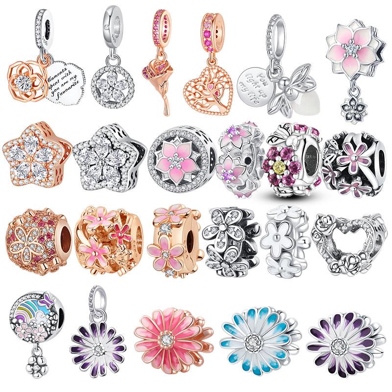 100% S925 Sterling Silver Pendant Sparkling Snowflake Rose Daisy Flower Bee Clip Charm Bead Fit Original Bracelet Jewelry