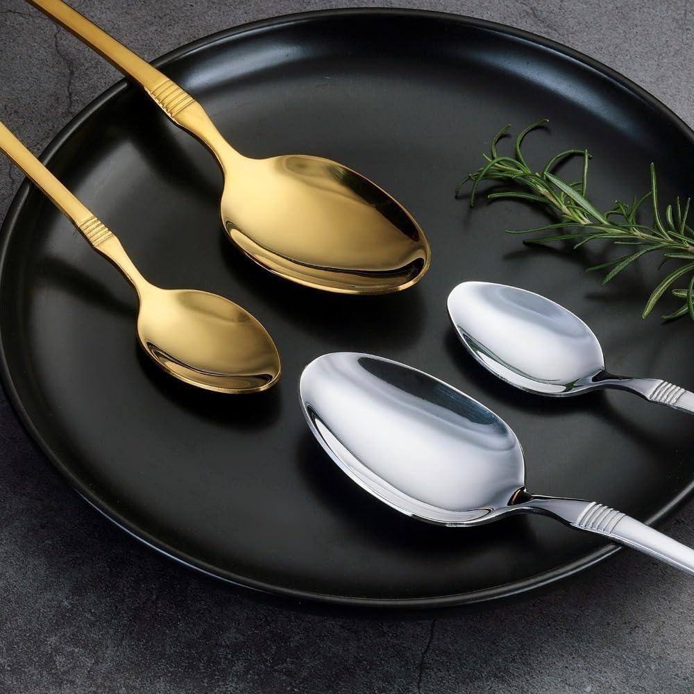 Horizontal Striped Handle Kitchen Stainless Steel Silverware Tableware Flatware Cutlery Set Steak Knife Fork Spoon Teaspoon (Gold)