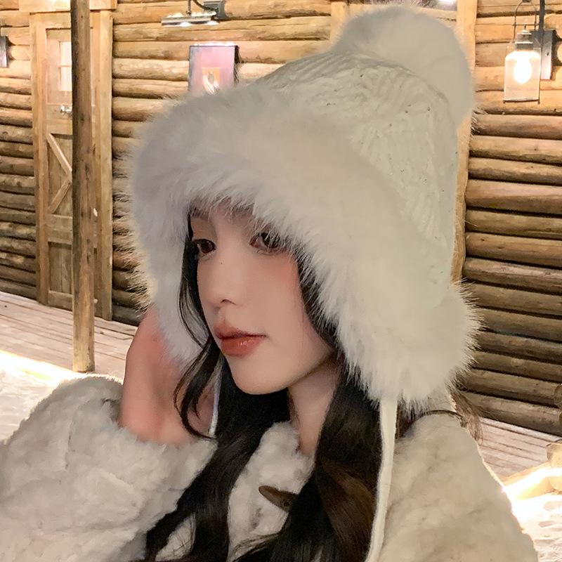 Зимняя шапка из искусственного меха лисы для женщин - толстая теплая вязаная шапка-ушанка, ручная стирка, смесь хлопка, не растягивается