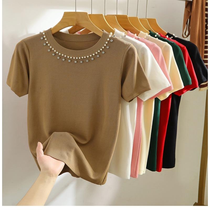 Women's Summer Short Sleeve Knitted T-shirt New Fashion O Neck Beaded Knit Elegant Short Top Female Casual Simple Solid Color Ladies Tshirt 3112
