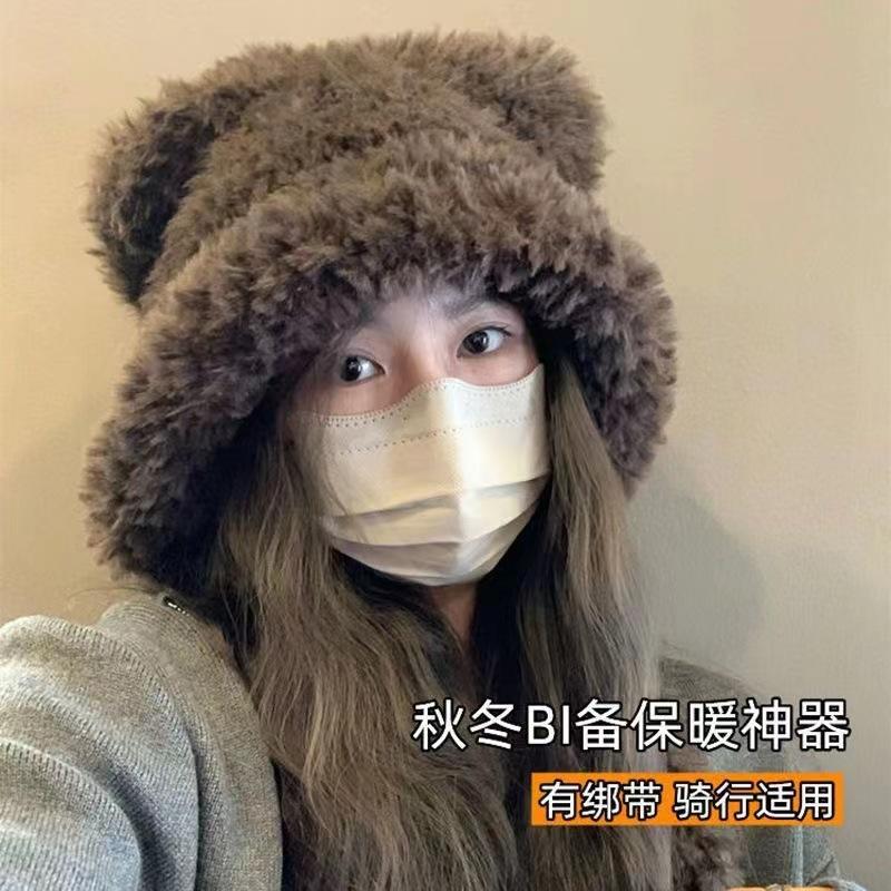 Милая вязаная шапка с маленьким мишкой для женщин, плюшевая толстая шапка плюс бархатная толстая защита ушей, шерстяная шапка от холода