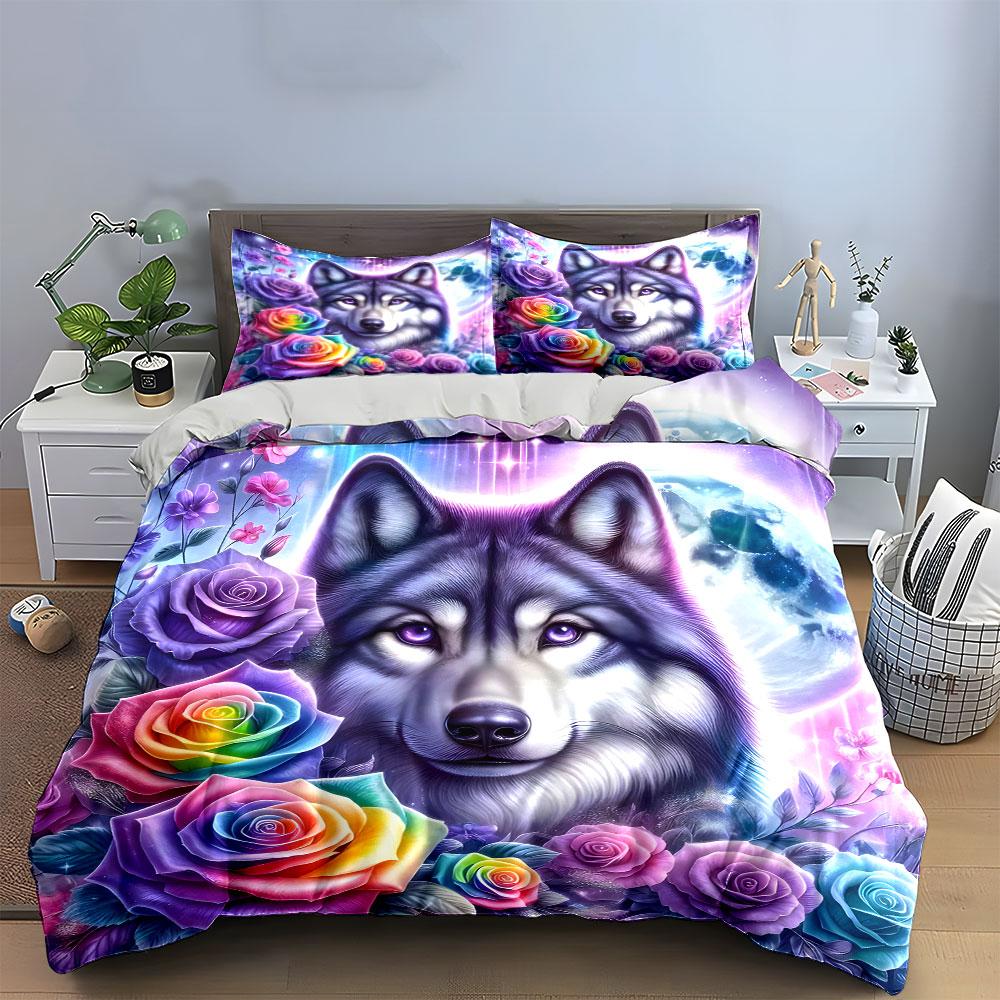 Wolf with Rainbow Roses & Moon Bedding Duvet Cover Set (1*Duvet Cover 2*Pillowcases, without duvet insert)