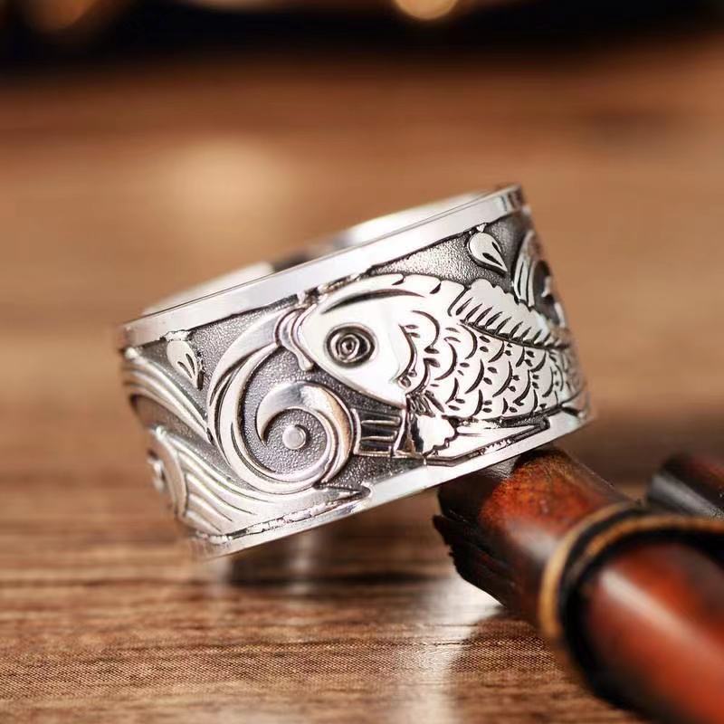 Jewelry Retro Lucky Good Luck Koi Heart Sutra Open Men's Ring