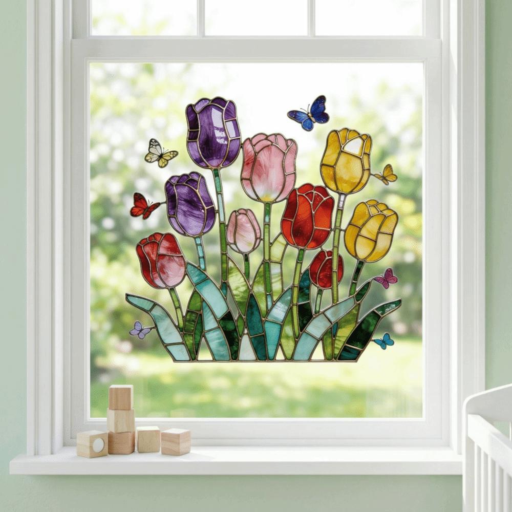 Self-adhesive Tulip Glass Stickers Removable Tulip Butterfly Wallpaper Window