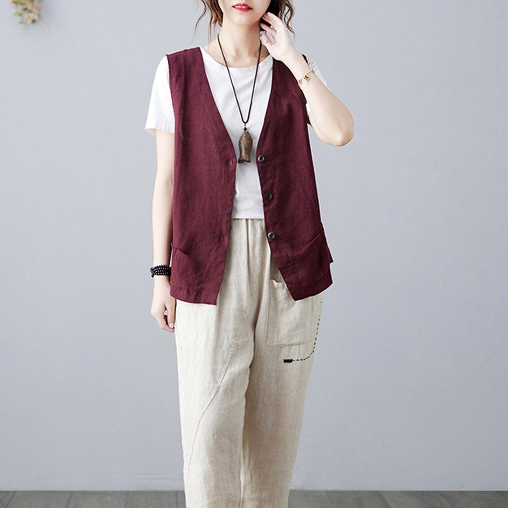 Retro Linen Vest For Women Loose And Versatile Sleeveless Casual Slim Vest Solid Color Waistcoat Cotton And Linen Short Jacket