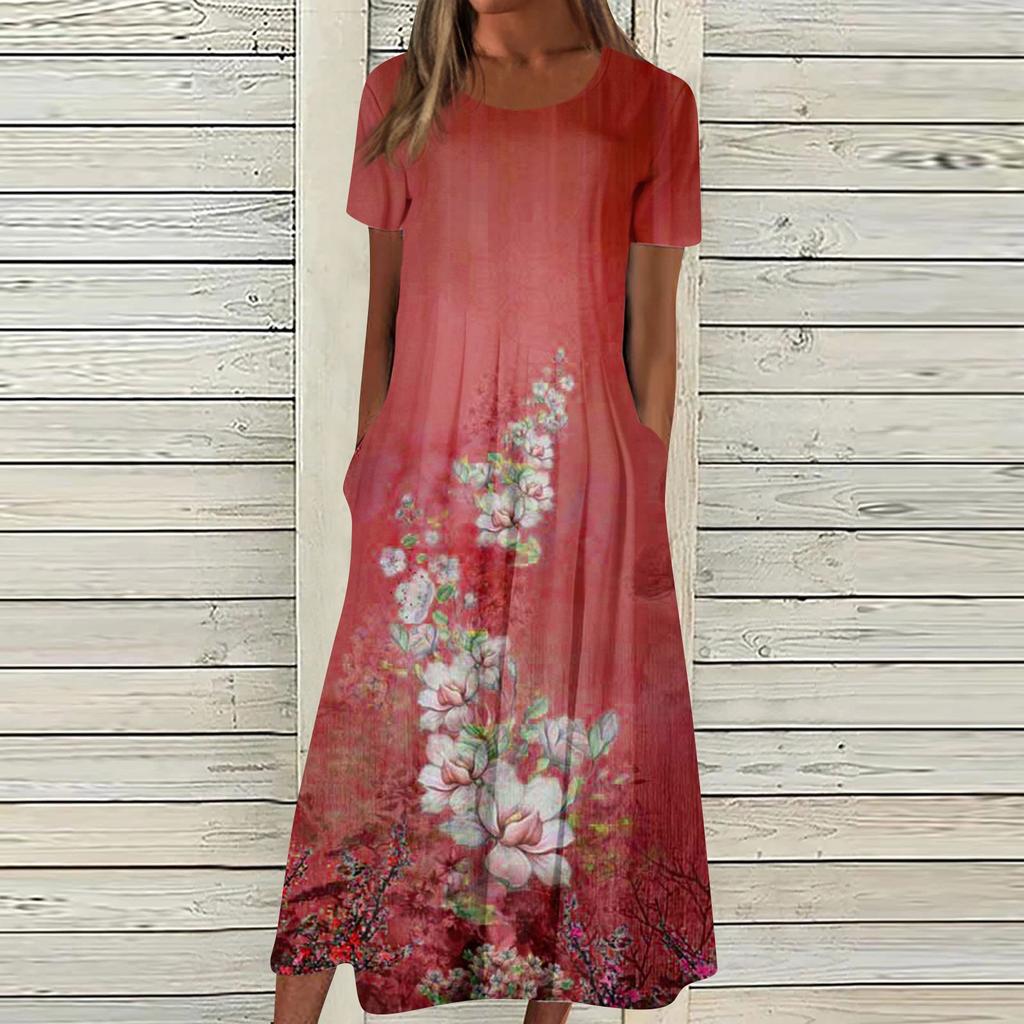 Женское летнее повседневное модное платье с коротким рукавом и карманом с круглым вырезом