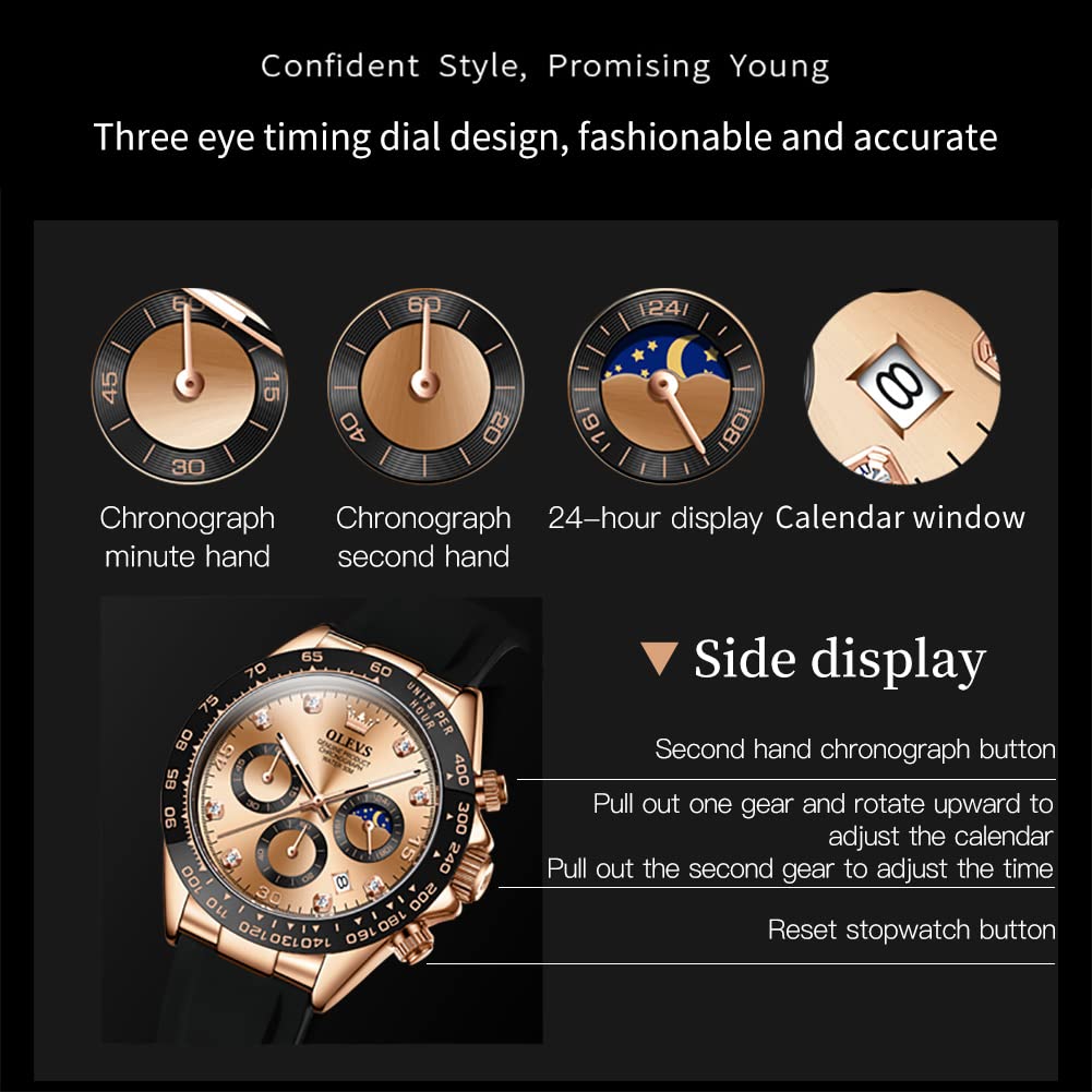 OLEVS Стильные часы Спортивные часы Популярные кварцевые часы Водонепроницаемые аналоговые часы с датой Черный силикагель ремень секундомер наручные часы Большие розовое золото Легко