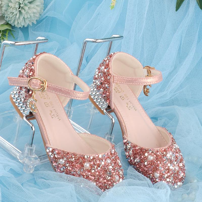 New Arrival: Girls' Crystal Bow High Heels - Shiny Princess Shoes for Piano Performances, Leather Material