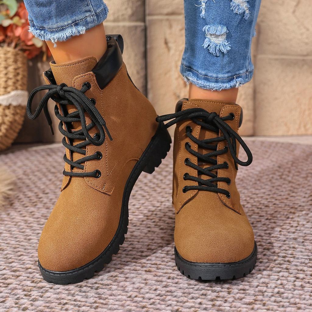 Women's Martin Boots Fashion Color-blocked Boots Front Lace-up Plus Size British Leather Boots Women