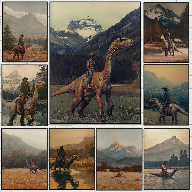 Vintage Dinosaur Cowboy Poster Western Jurassic Dinosaurs Canvas Painting Funny Wall Art for Living Room Home Decor Gift Mural