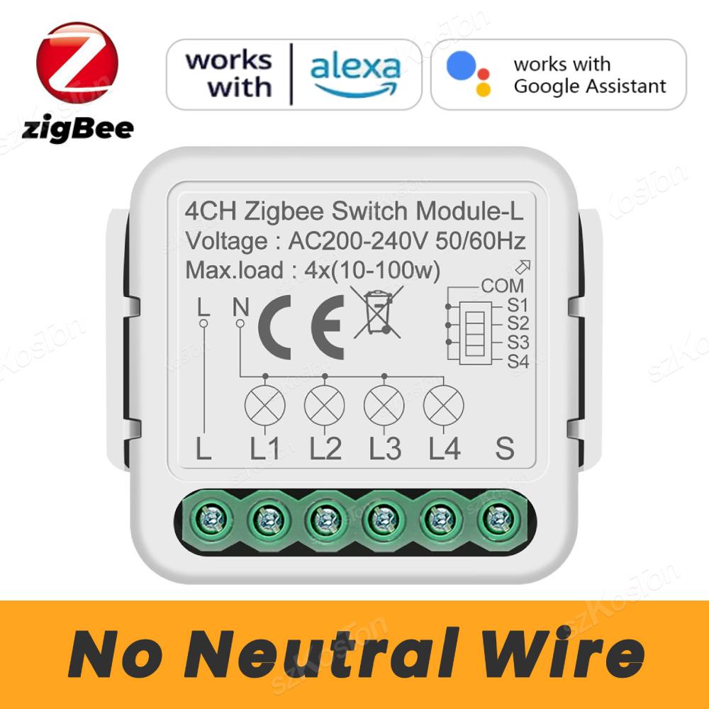 Tuya Zigbee Умный Мини-модуль переключателя Реле Без нейтрального провода 1 2 3 4 Клавиши Двухстороннее управление Работает с Alexa Google Home