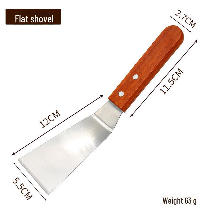 Лопатка для теппаньяки и пиццы из нержавеющей стали с деревянной ручкой, идеально подходит для стейков и кухонных приспособлений, имеет прорезной и наклонный дизайн.