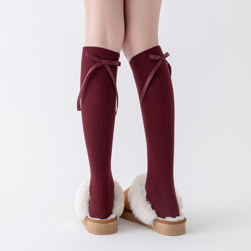 Осенне-зимние кашемировые носки до икр, женские с лентами-бантами, теплые утолщенные до колена, для стройности в сочетании с ботинками, универсальные чулки до бедра