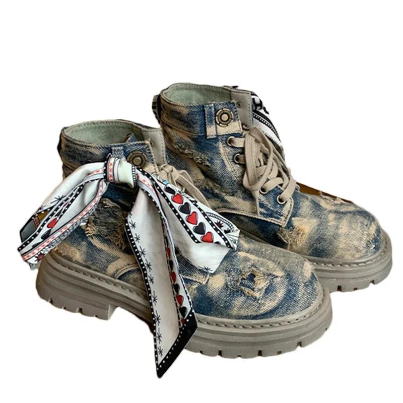 Женские ботинки Cowboy Ribbon Ankle Boots Platform Shunky на шнуровке New Motorcycle Boots Winter Fashion New Trend Walking Zapatos Mujer