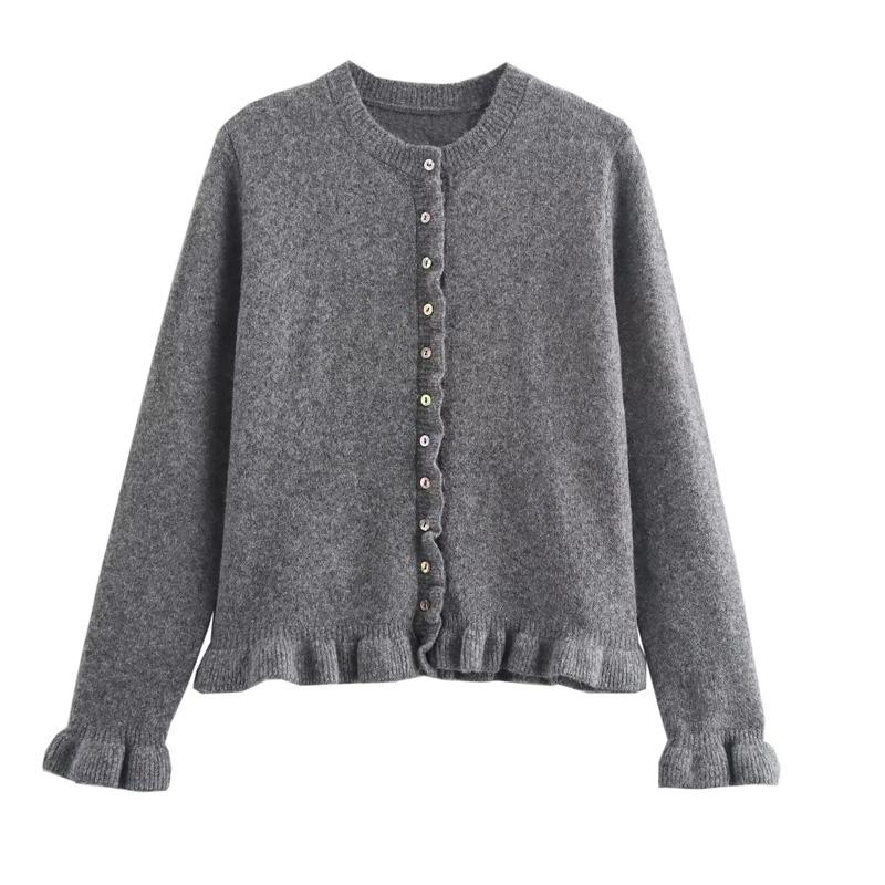 Sweater Cardigans Ruffle Long Sleeve Knitted Cardigan For Women Autumn Bolero Knitwears Button-Down Bluey Gray Cardigan