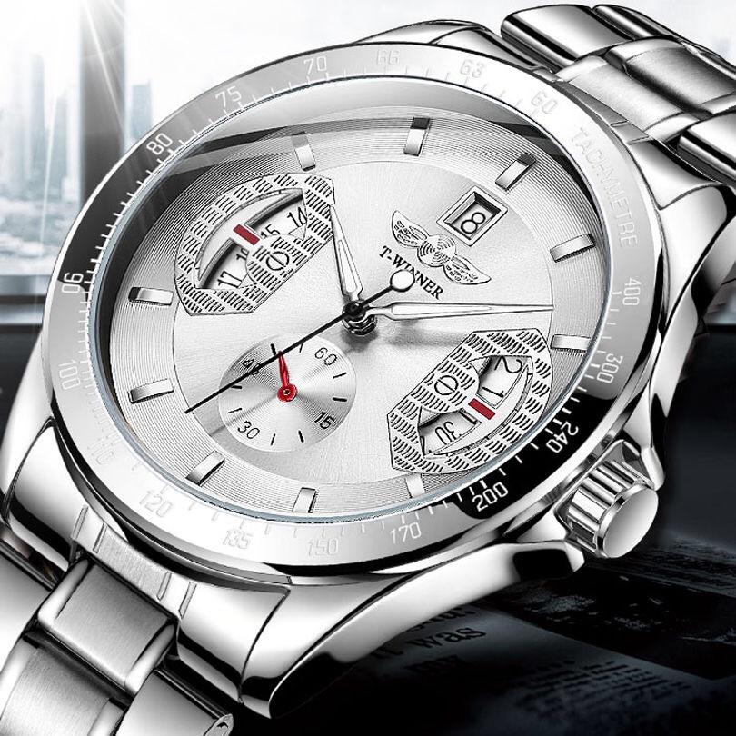 WINNER Спортивные золотые автоматические часы для мужчин, отображение даты, люминесцентные стрелки, ремешок из нержавеющей стали, роскошные механические часы высшего бренда