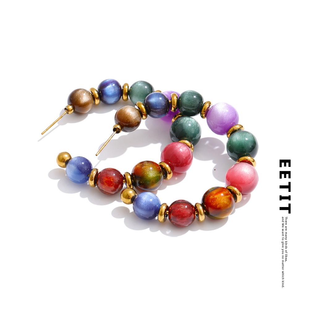 Eetit Colorful Acrylic Resin Beads C-Shape Hoop Earrings Stainless Steel Fashion France Handmade Jewelry for Women Accessories