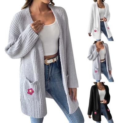 Женский вязаный крючком повседневный кардиган с цветочным узором на осень и зиму, повседневный свитер с двумя карманами