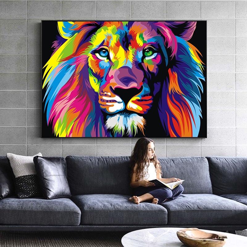 Solid Wood Frame Watercolor Lion Tiger Cat Canvas Painting Abstract Animals Pop Graffiti Posters and Prints Nordic Pictures for Living Room Decor