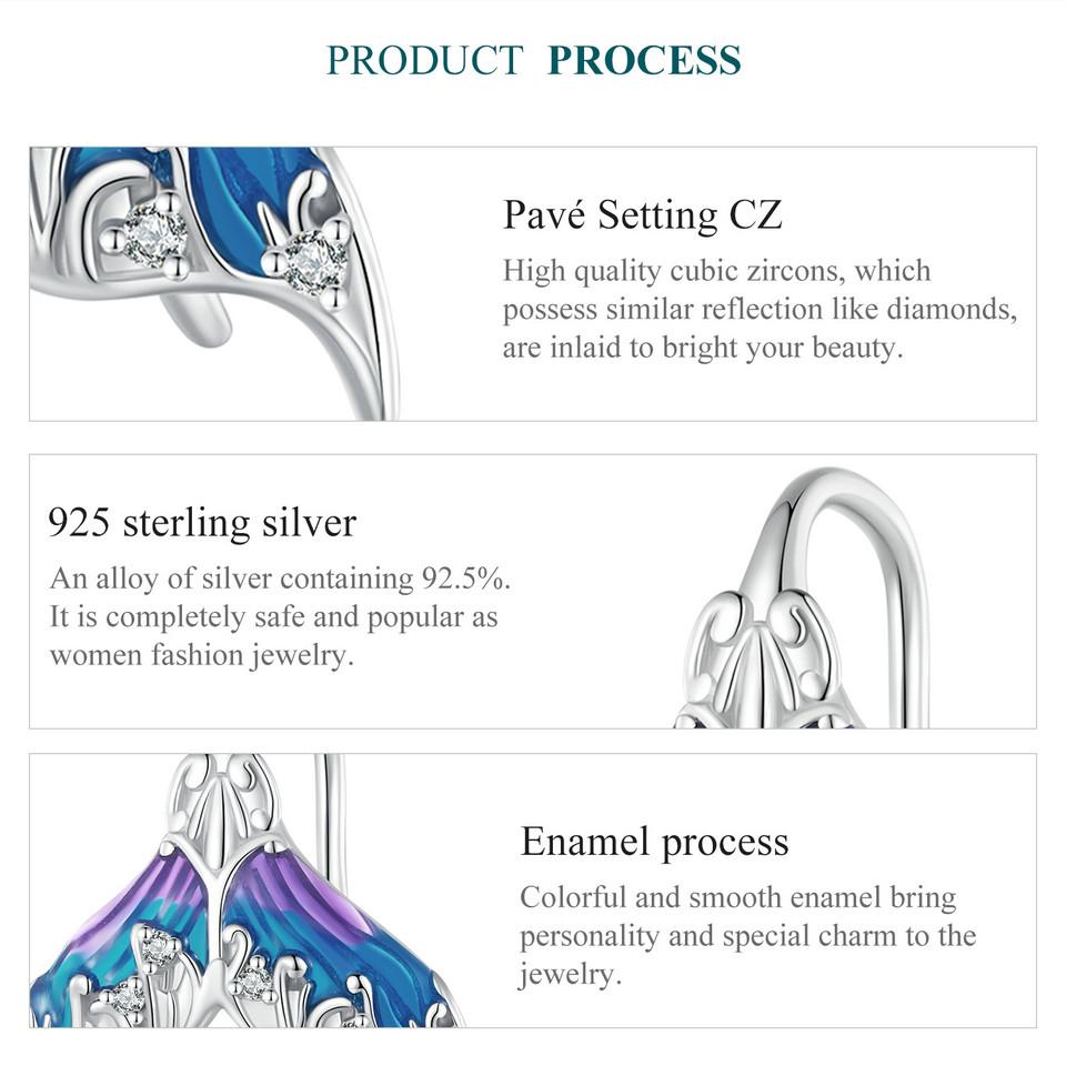 BAMOER стерлингового серебра 925 пробы Фэнтезийный хвост русалки серьги с синей эмалью для женщин вечерние ювелирные изделия в подарок