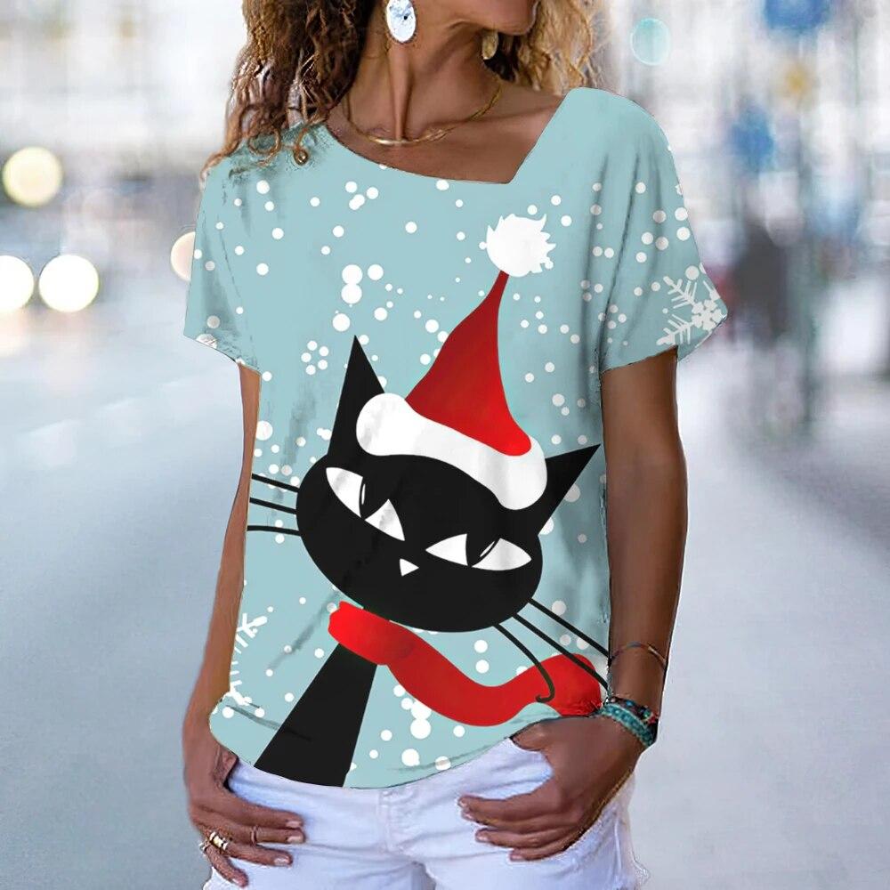 Fashion Cat T-Shirt Women's V Neck Tees Top Vintage Red Christmas Clothes Summer Chic Oversized Femele Clothing 2023 New Tee